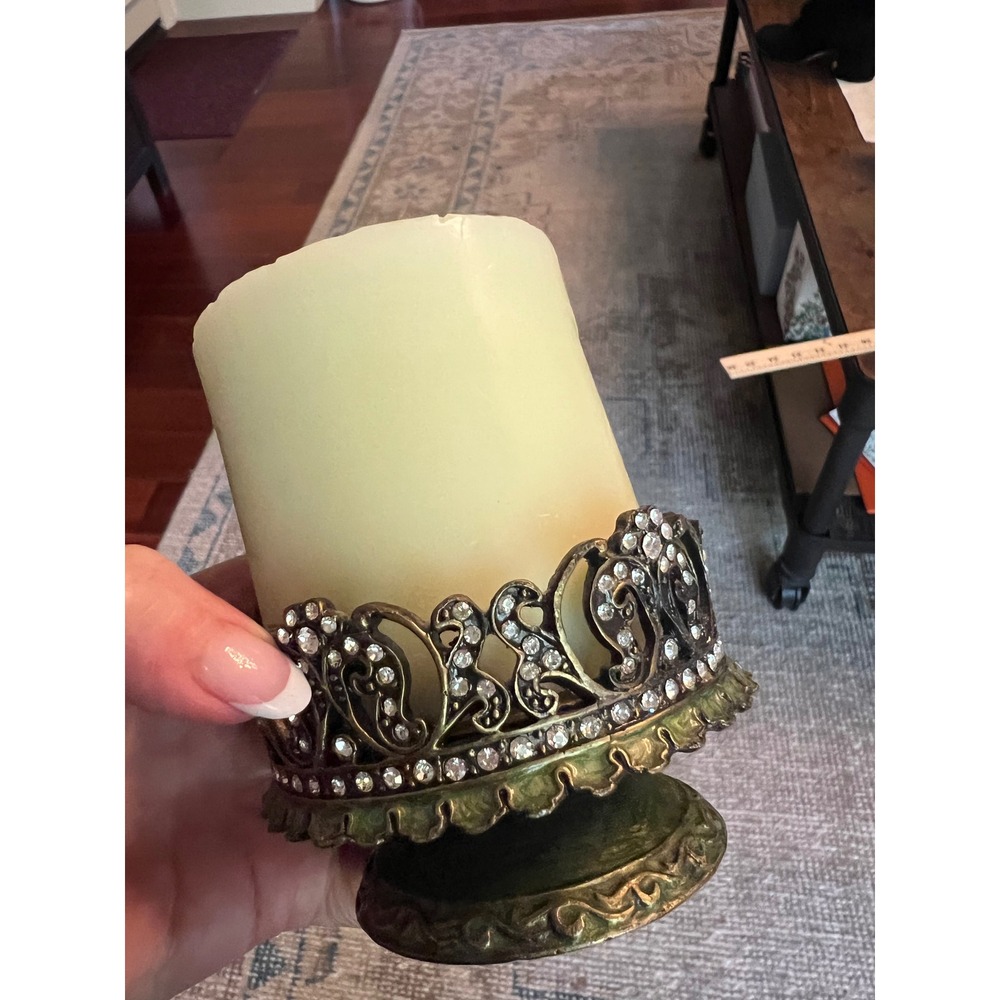 Rhinestone Enameled Candle Holder Baroque Bling Jay Strongish Green & BronZe